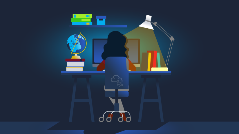 Person working at a desk with computer, books, and lamp, representing the study environment for becoming a penetration tester.