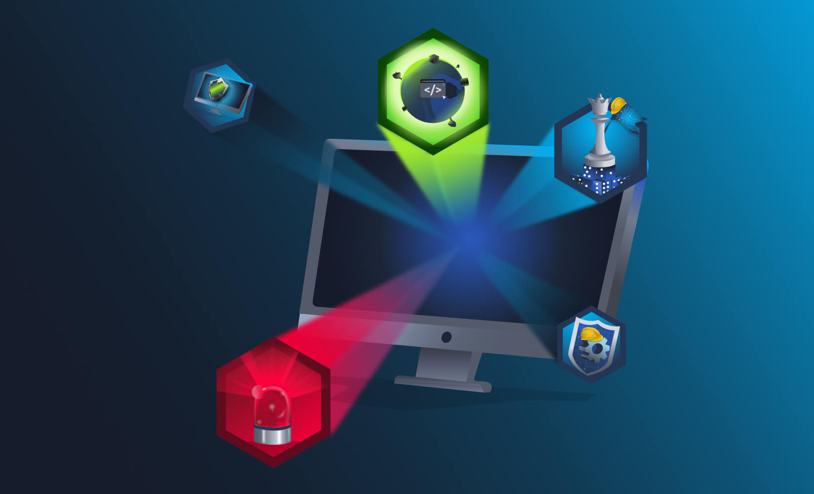 Computer monitor with cybersecurity icons floating around it, including shields, code symbols, chess piece, and warning indicators.