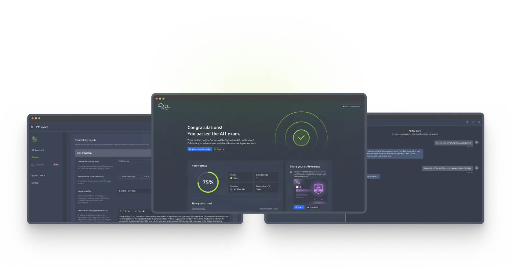 TryHackMe certification dashboard showing exam results and shareable achievements.