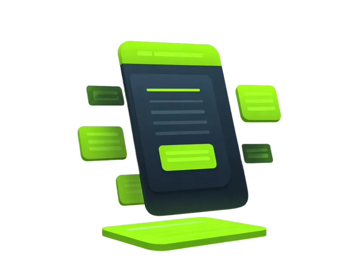 Mobile app interface with floating green notification cards and data elements surrounding a smartphone.