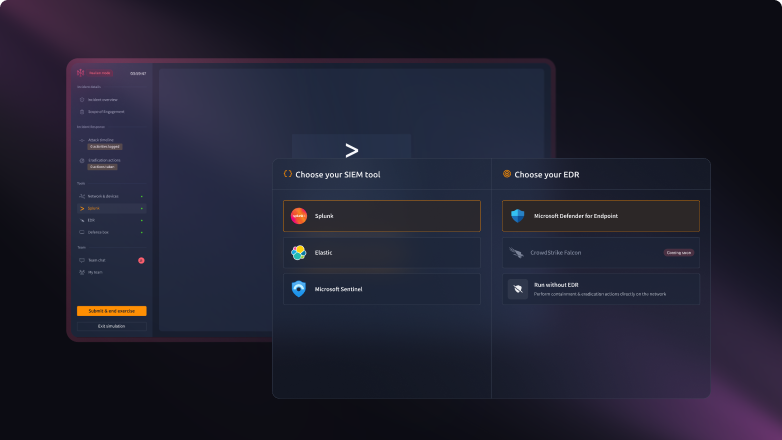 Live breach exercise SIEM and EDR selection interface.