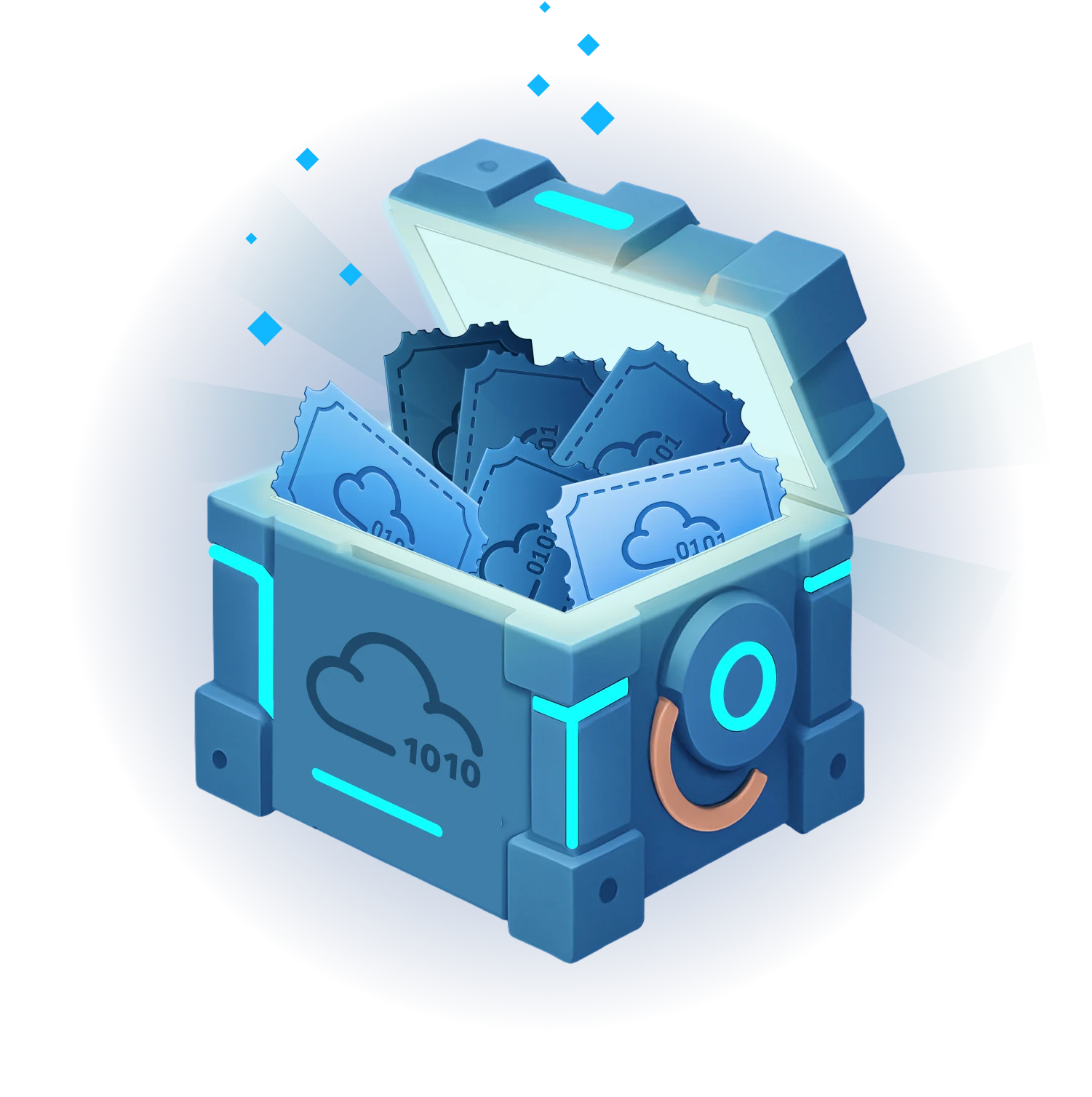 Futuristic blue treasure chest with glowing cyan accents containing digital vouchers and tickets