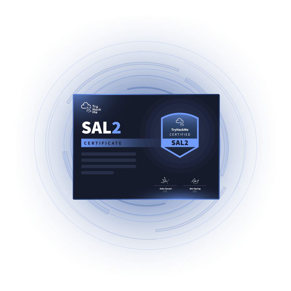 TryHackMe SAL2 cybersecurity certificate with shield badge.