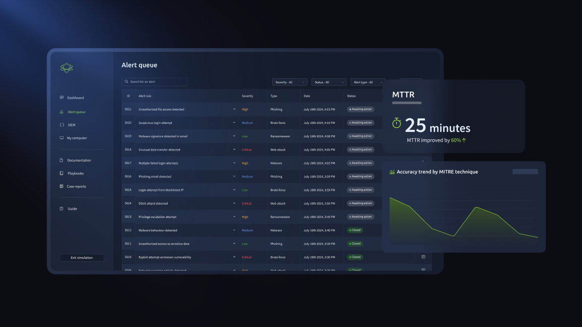 SOC Simulator alert queue dashboard.