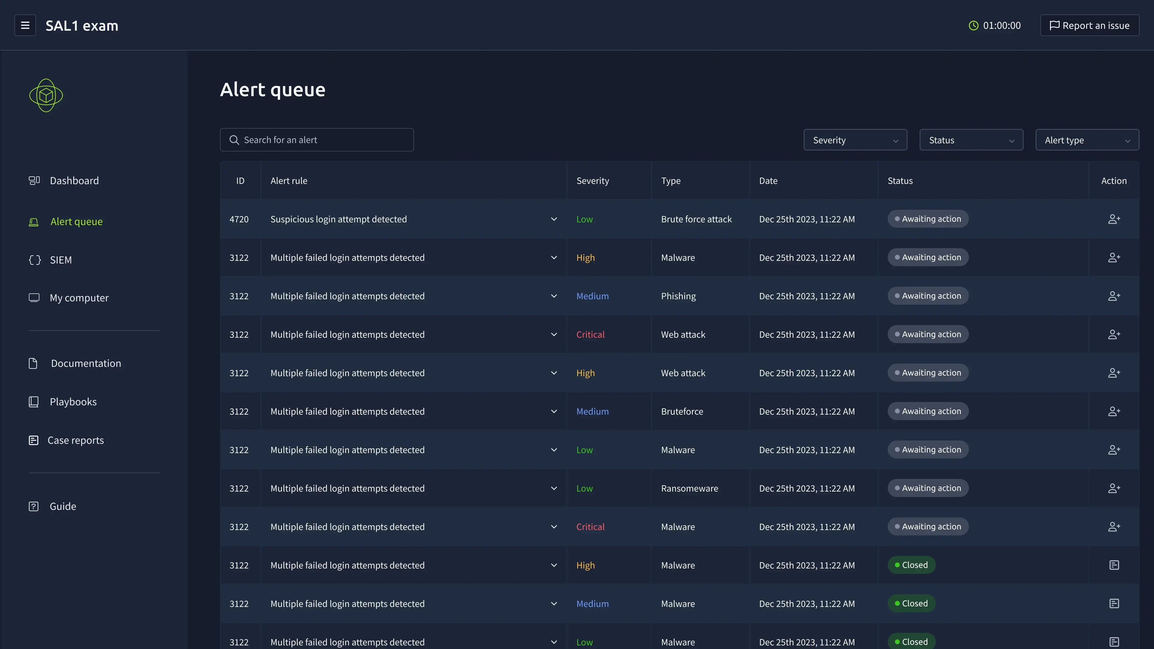 SOC simulation environment interface showing security alerts and incident management dashboard