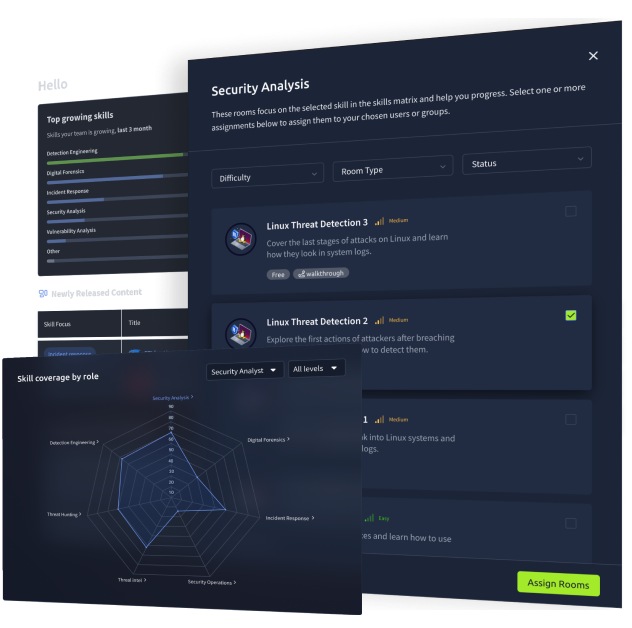 TryHackMe management dashboard showing team skills and progress.