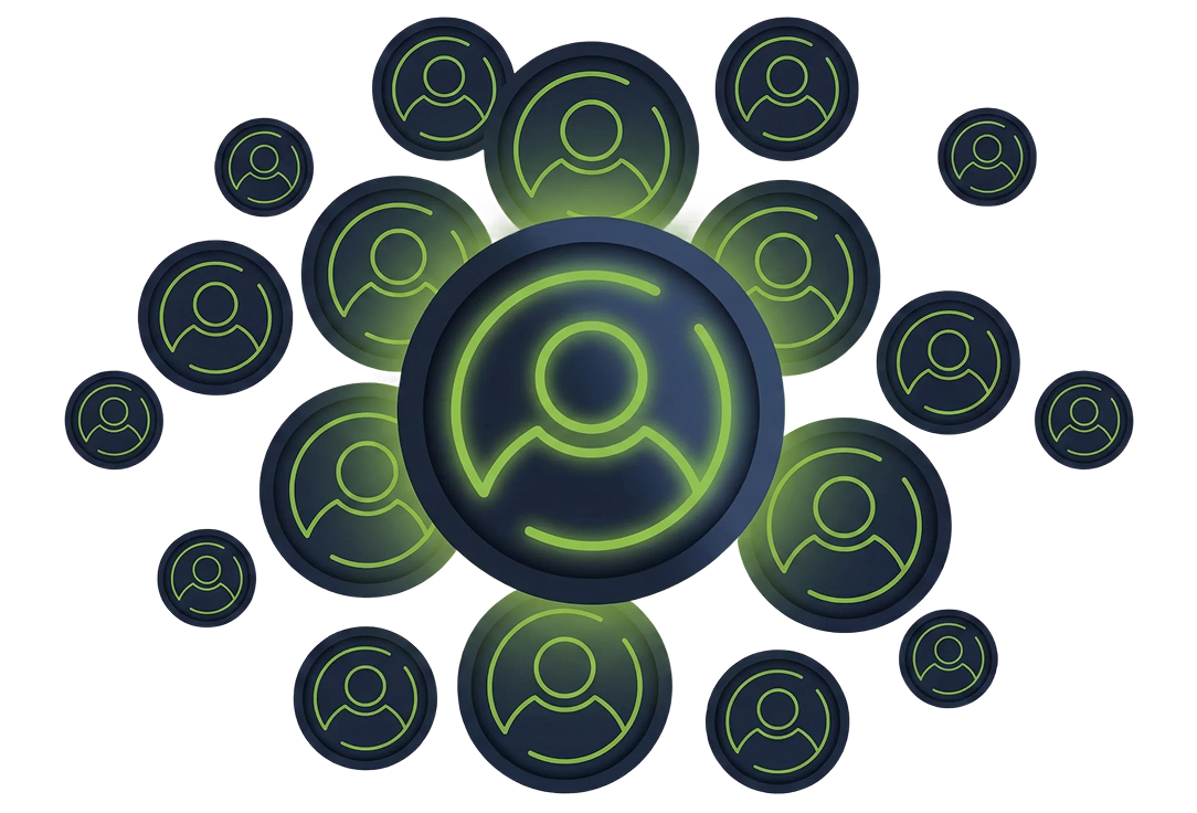 Network of user profiles with a central highlighted profile, representing community and certification recognition.