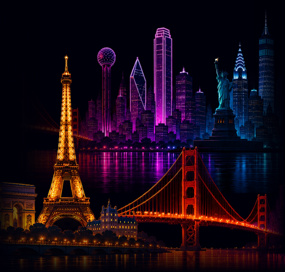 Illustrated neon cityscape featuring landmarks from Paris, San Francisco, Dallas and New York.