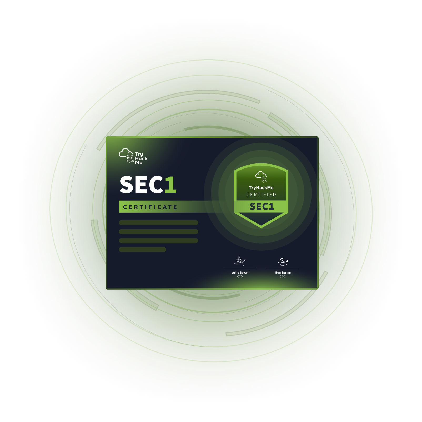 TryHackMe SEC1 cybersecurity certificate with green shield badge.