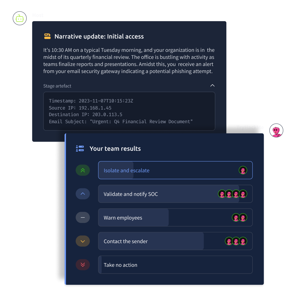 Tabletop exercise simulation showing phishing incident response workflow with team member assignments.