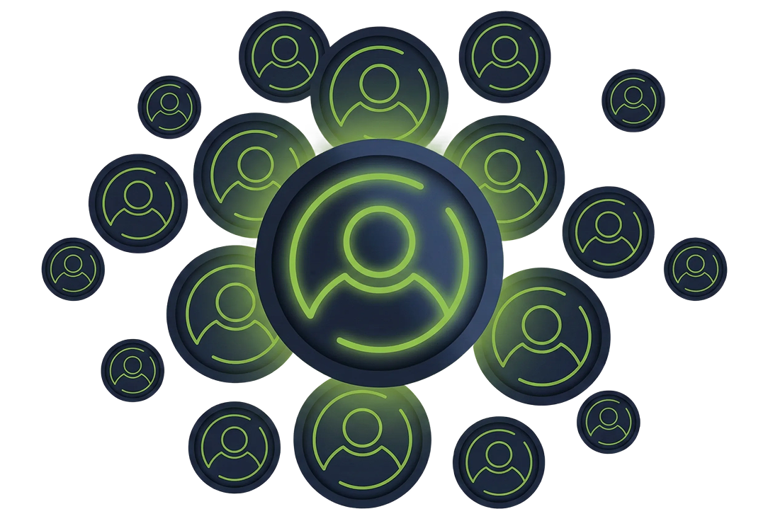Community network with user profiles connected around a central figure.