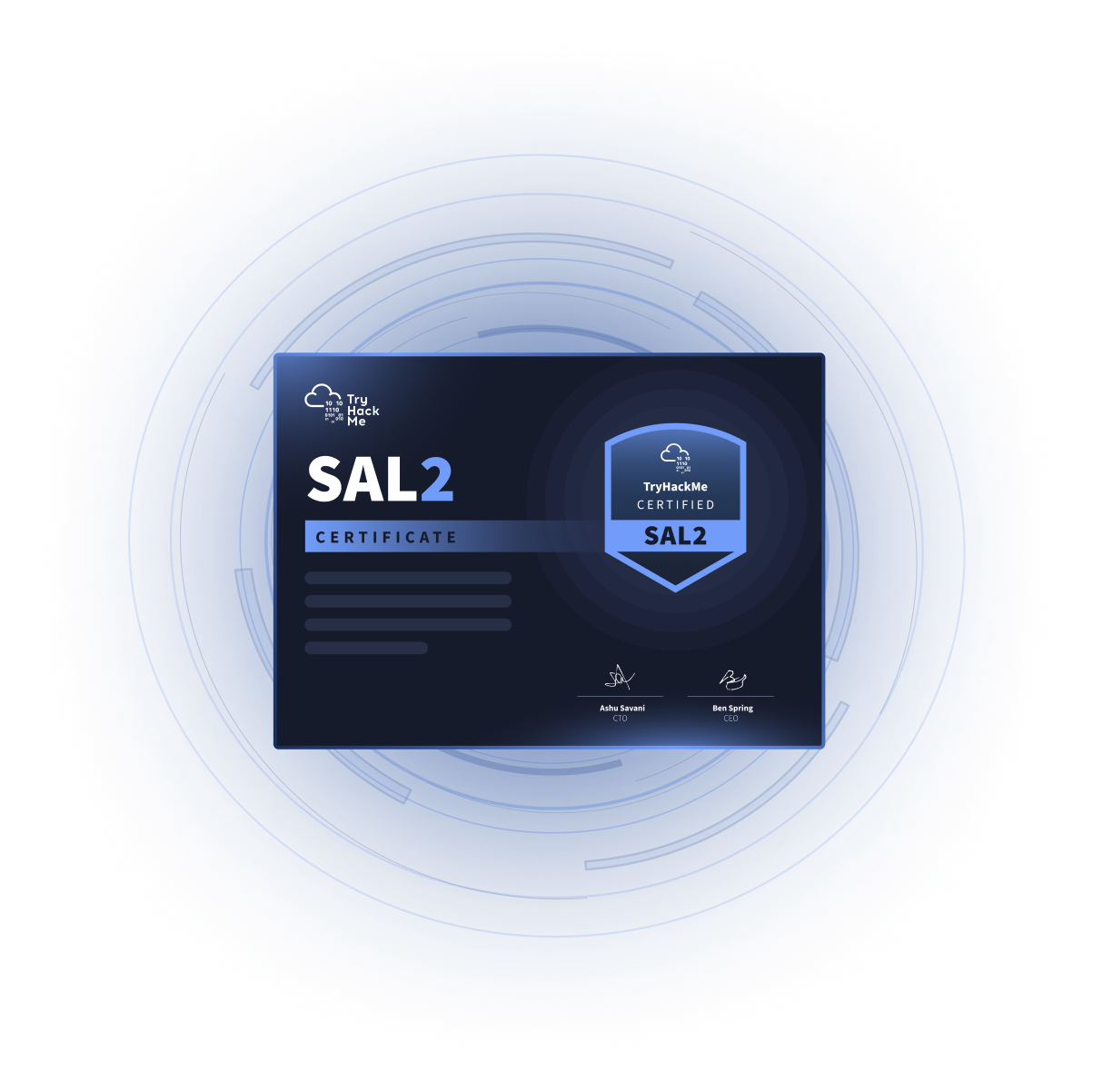 TryHackMe SAL2 cybersecurity certificate with shield badge.
