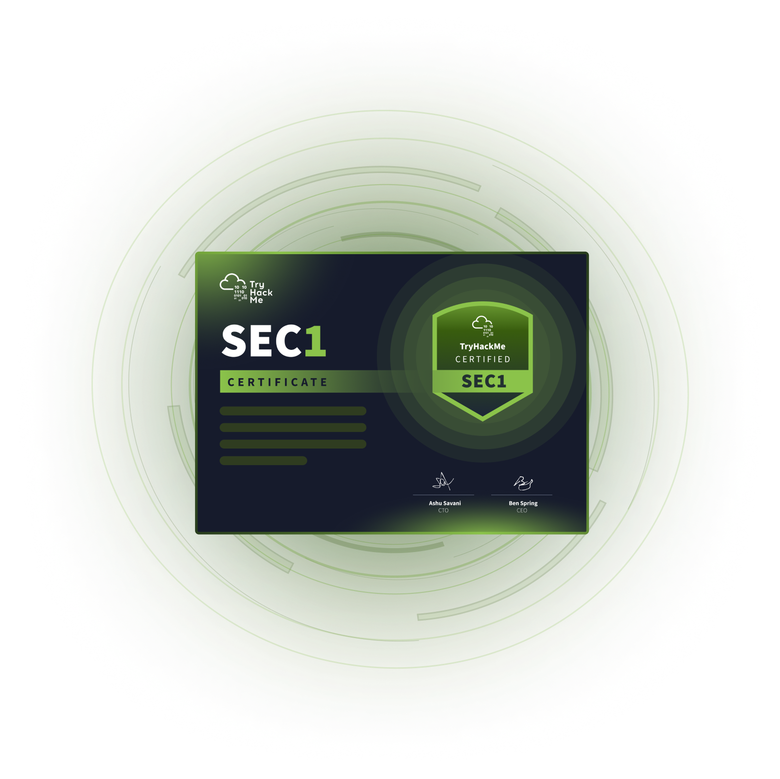 TryHackMe SEC1 cybersecurity certificate with green shield badge.